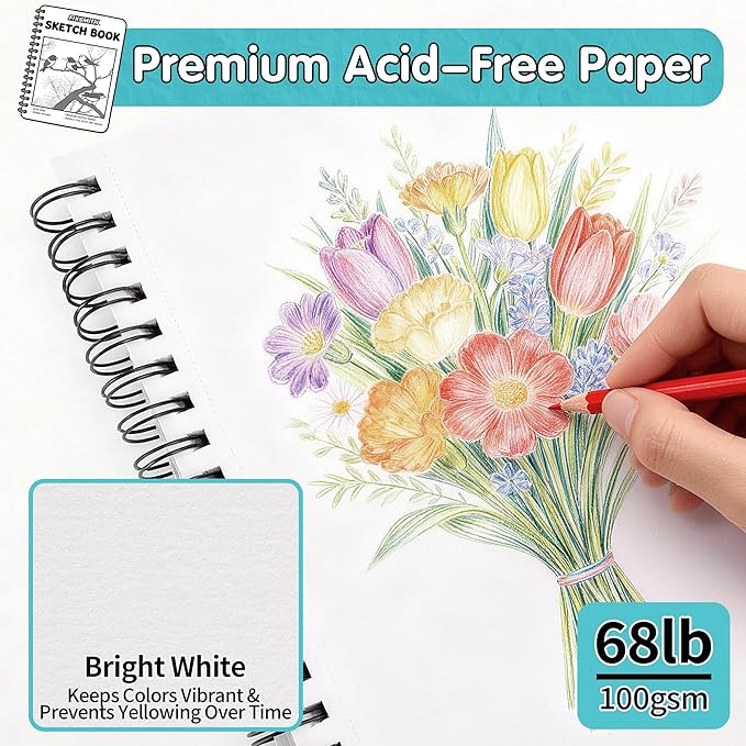 FIXSMITH 9"X12" Teal Sketch Book, 400 Sheets (68 lb/100gsm) Spiral Sketchbook, Acid Free Drawing Paper, Sketch Pad for Beginners,Artists & Professionals, Bright White