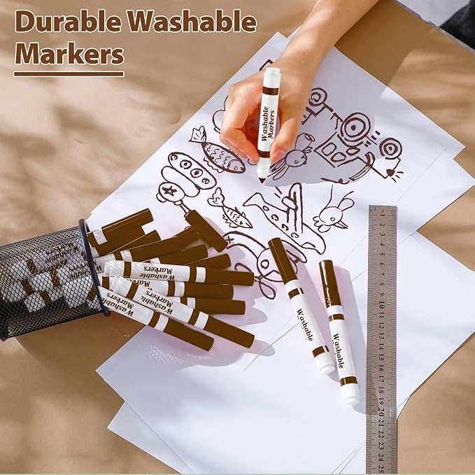 36 Pcs Dark Brown Washable Markers Bulk Coloring Broad Line Markers for Kids Conical Tip Drawing Pen for Christmas, School, Travel Art Baby Shower Gender Reveal Party Supplies, Ages 6+