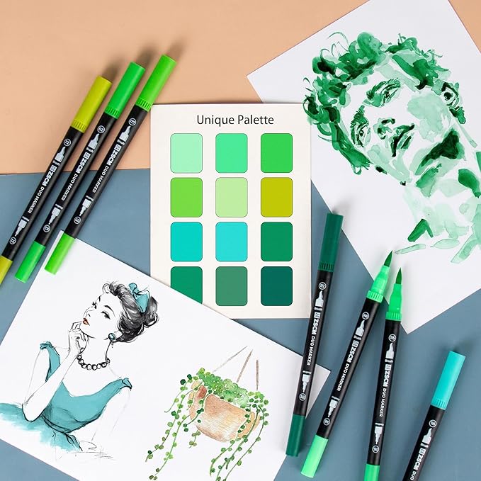 ZSCM Green Duo Tip Marker Pens, 12 Pack Fine & Brush Markers for Adult Coloring Books No Bleeding, Nature Green Markers for Foliage, Landscape Drawings, Botanical Illustrations and Eco Designs