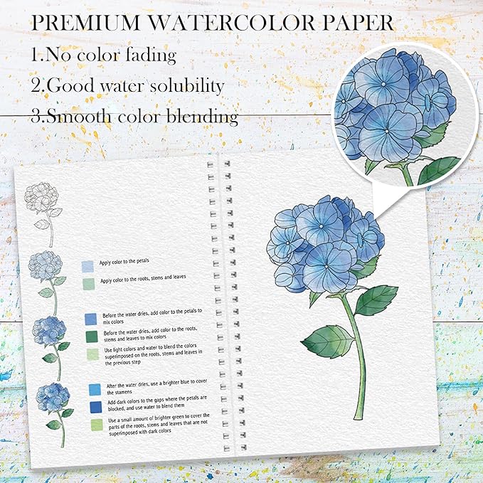3Pcs Watercolor Workbook Paint Book Beginner Friendly Painting Kit, 36 Pages Workbooks with 24 Paint Colors & Brush for Beginners, Stress-Relieving Gift for Women Adults (Kitchen&Animals&Flower)