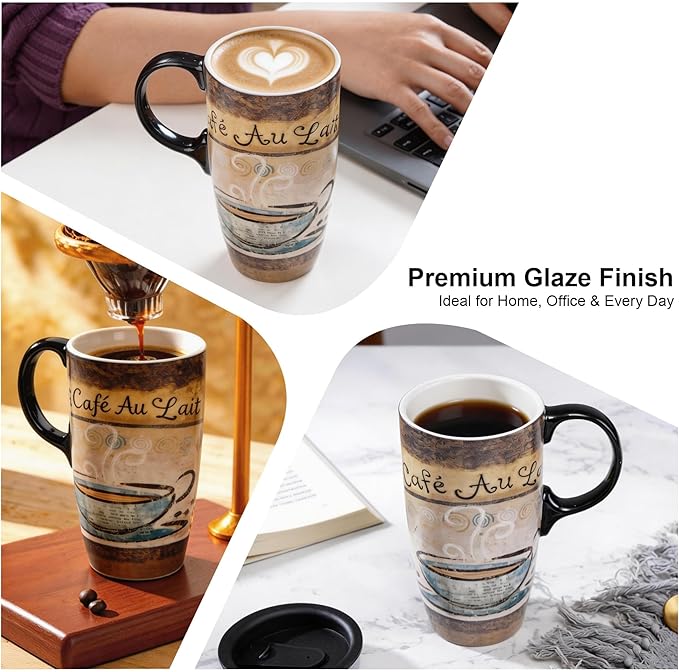 Topadorn 17oz Ceramic Travel Mug with Lid, Vintage Café Au Lait Coffee Cup, Spill Proof Microwave & Dishwasher Safe Mug, Gift Box Included