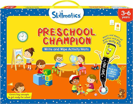 Skillmatics Educational Game : Preschool Champion | Reusable Activity Mats with 2 Dry Erase Markers | Gifts & Preschool Learning for Ages 3-6