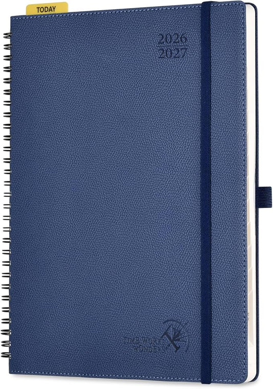 POPRUN 2026-2027 Academic Weekly Planner, Large 8.5" x 10.5" Horizontal Layout Calendar Agenda from July 2026 to June 2027, Softcover Appionment Book with Monthly Tabs, Spiral Bound, Inner-Pocket - Navy Blue