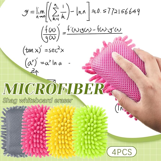 Zonon 4 Pieces Dry Erase Eraser Microfiber Shag Washable Whiteboard Eraser for Markers, Chalk, Home and Office (Pink,Green,Yellow,Gray)