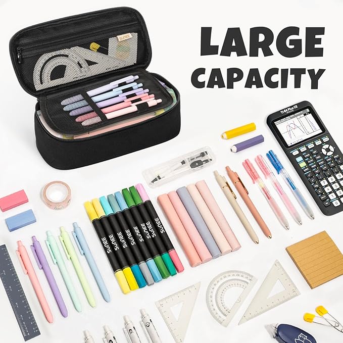 SUNEE Cute Pencil Case, Large Capacity Pencil Pouch, Big Storage Organizer for Stationery, Zipper Pen Bag, Back to School Supplies, Office Organizer Makeup Bag, for Teen Girl Boy Men Women, Black