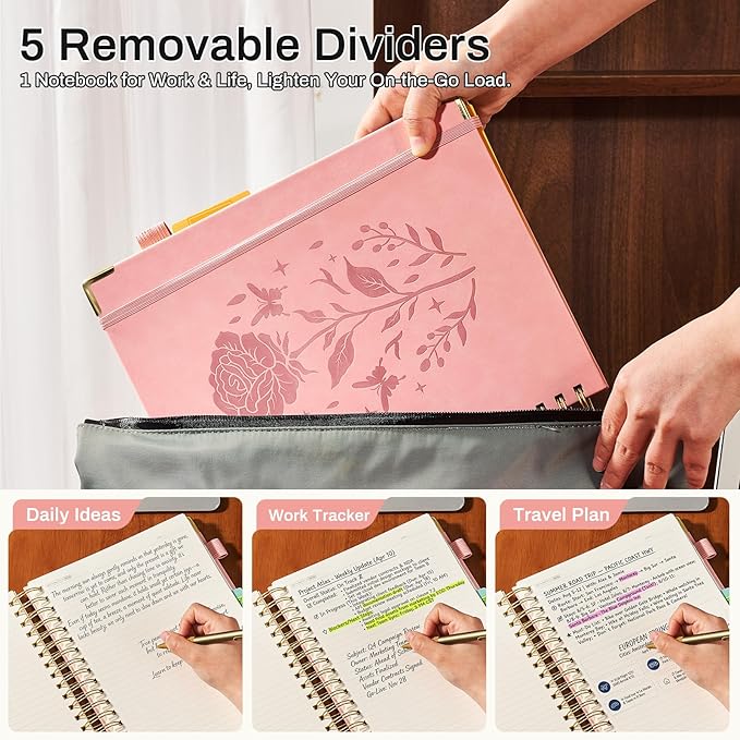 Hardcover Spiral Notebook with 5 Removable Dividers Tabs 300 Pages Leather 5 Subject Notebook College Ruled 8"x10" Large B5 Notebooks for Work School Note taking Lined Journal for Women, Pink