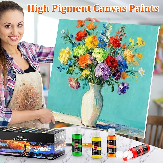 Caliart Acrylic Paint Set with 12 Brushes, 36 Colors Art Craft Paint Kits for Artists Kids Adults Beginners, Rich Pigments Non-toxic, Canvas Ceramic Wood Rock Painting Supplies