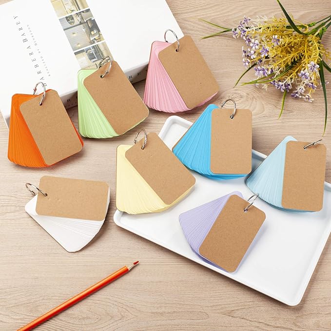Blank Index Cards with Ring, 8 Pack Colored Flash Cards, 2.2"x3.5", 400 Counts Small Note Cards Hole-punched Cardstock, Heavyweight Word Vocabulary Cards, DIY Gift Hang Tags