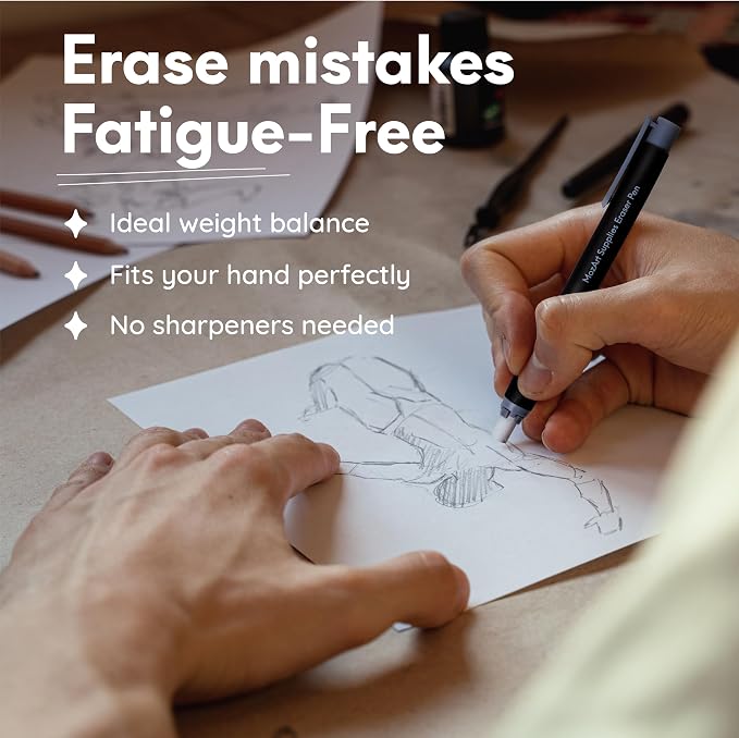 MozArt Eraser Pen Set 2 Pens + 10 Jumbo Refills for Mechanical Pencil | Precision Eraser Pens for Sketch, Drafting, Architecture & Art – Refillable Design for Artists, Students & Architects