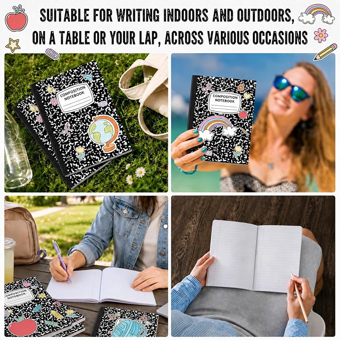 6 Pack Large Composition Notebooks Bulk 9.8 × 7.5 in Wide Ruled Hard Cover Composition Book Assorted Marble Journal College Ruled Paper for College Office Back to School Supplies(Black and White)