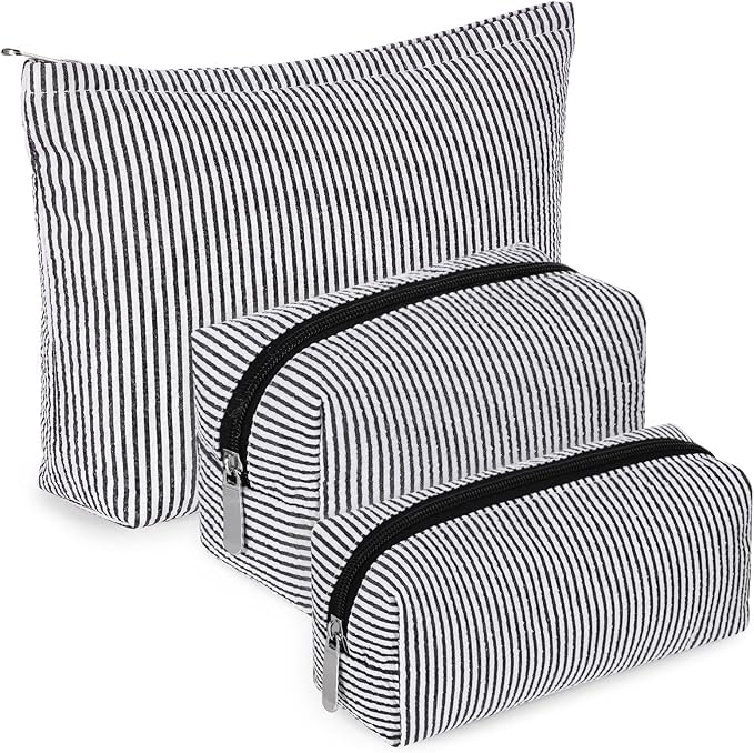 Huhumy 3 Pcs Makeup Bag Set Cute Stripe Cosmetic Pouch for Women Aesthetic Seersucker Travel Toiletry Bag Set Preppy Small Makeup Purse Pouch Cosmetic Organizer Pencil Case with Zipper(Black)