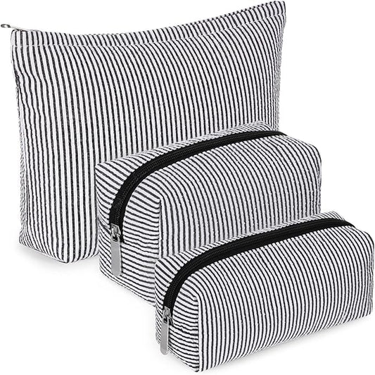 Huhumy 3 Pcs Makeup Bag Set Cute Stripe Cosmetic Pouch for Women Aesthetic Seersucker Travel Toiletry Bag Set Preppy Small Makeup Purse Pouch Cosmetic Organizer Pencil Case with Zipper(Black)