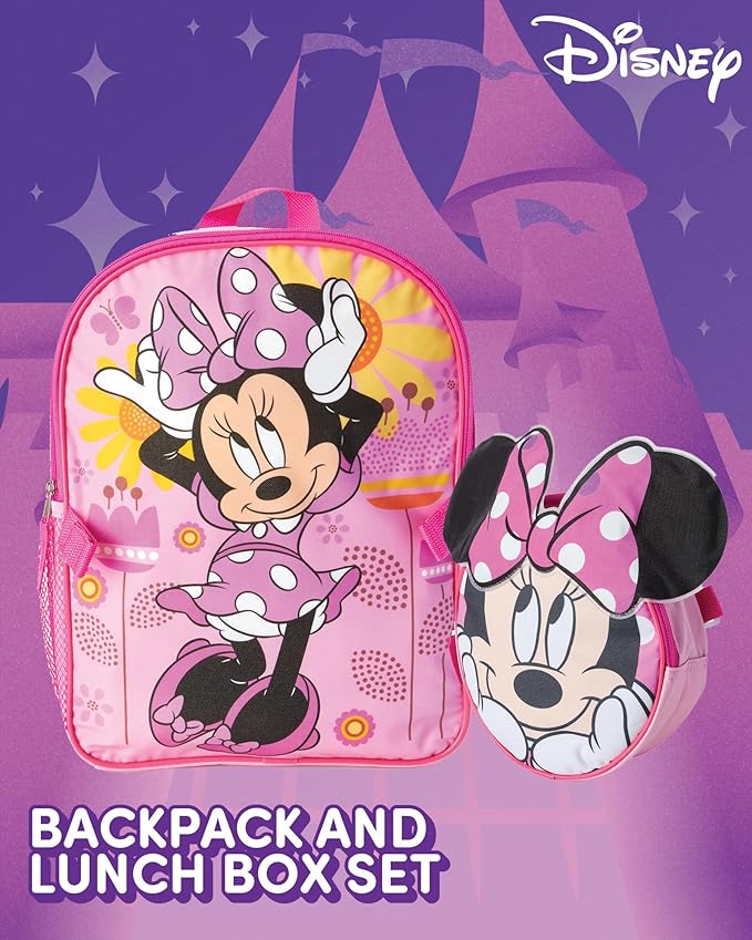Fast Forward Minnie Mouse Kids Backpack and Lunch Box Set - 14" Girls Backpack with Lunch Box for Preschool and Kindergarten, Minnie Pink