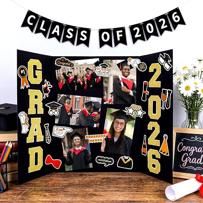 118 Pcs 2026 Graduation Trifold Poster Board 24" x 16" Graduation Picture Frame with Stickers Black Gold Photo Display Board for Class of 2026 Grad Party High School College DIY Craft Table Decor