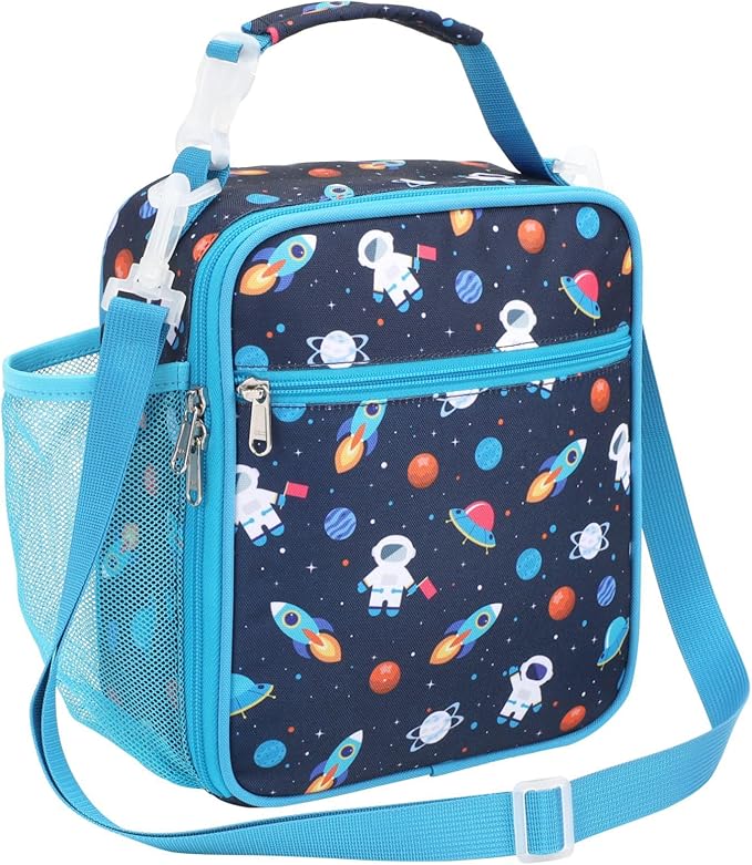 Bagseri Kids Lunch Bag with Shoulder Strap - Insulated Crossbody Boys Lunch Box for School & Travel, Reusable Large Meal Tote with Bottle Holder, Fits Bento Box, Navy Space