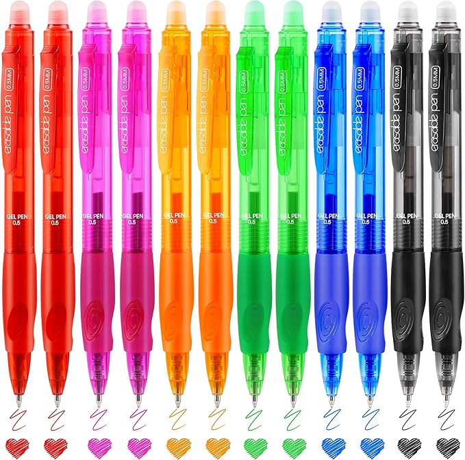 USUAL Retractable Erasable Gel Pens, 0.5mm Fine Point, 6 Assorted 12 Pack Colors Pens, Make Mistakes Disappear Smooth Writing for Office & Back-to-School Supplies