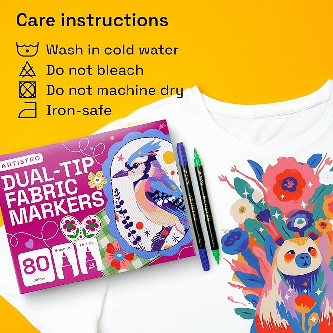 ARTISTRO 80 Dual-Tip Fabric Markers - Fabric Decorating Kit - Permanent for Clothes - No Bleed Pens for T-Shirts, Bags, Textile, Canvas, and More (Brush Tip and Fine Tip)