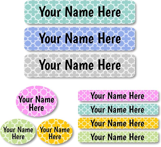 Lovable Labels Personalized Labels for Kids (85 Labels/Pack) - 3 Label Sizes Waterproof Dishwasher Safe Peel & Stick Labels for School Supplies Daycare Camp Clothing Bottles (Designer Series Lattice)