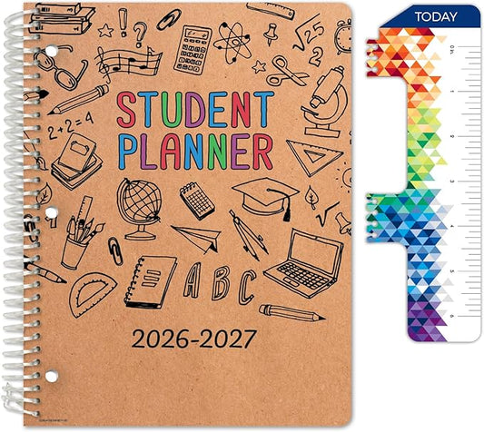 Global Datebooks 2026-2027 Middle & High School Student Planner 8.5" x 11" - Dated Weekly & Monthly Academic Planner with Ruler/Bookmark & Stickers, Ideal for Homework, Block Style, Kraft Doodles