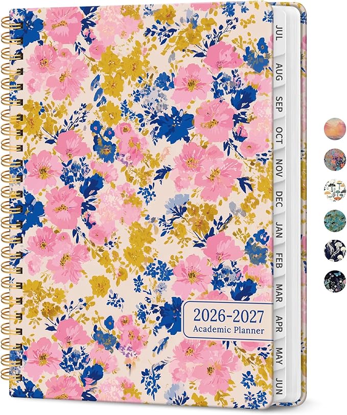 Planner 2026-2027, Academic Year Monthly and Weekly Calendar Planner, Jul 2026 - Jun 2027, Hardcover Teacher Student Planning Agenda book with Tabs, Perfect for School Office Supplies, 6.3" x 8.5" - Pink Garden