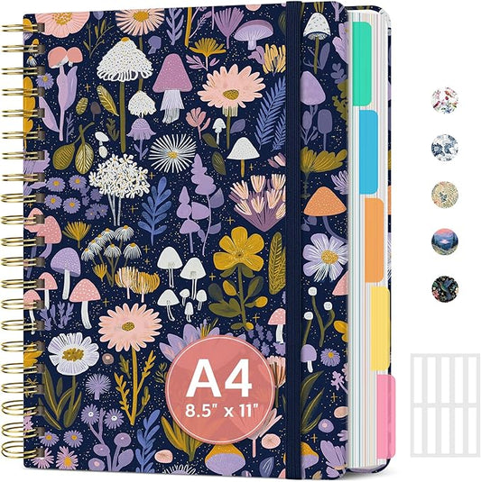 Large Lined Spiral Journal for Women Cute Hardcover 5 Subject Notebook for Work 8.5" x 11" with Removable Dividers & Tabs, College Ruled, 280 Pages Aesthetic Journal for Work, School & Note Taking, Mushroom Garden