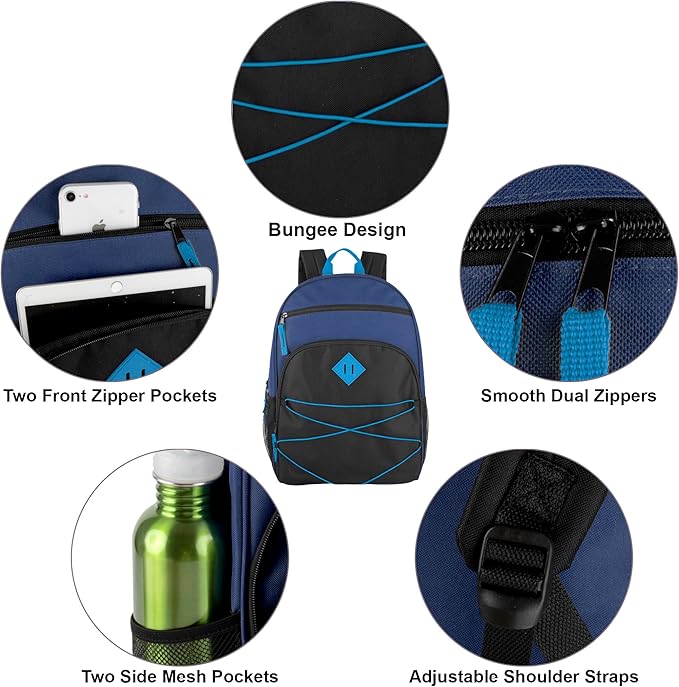Summit Ridge Boys and Girls School Backpacks with Bungee Cord Front | 17” Multi Pocket Backpack for Kids, Teens, Adults, Travel (Navy/Black)