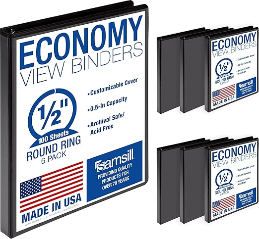 Samsill 0.5 Inch 3 Ring Binder, Economy Round Ring, Clear View Cover, 100 Sheet Capacity - for School, Home, Office - Black, 6 Pack