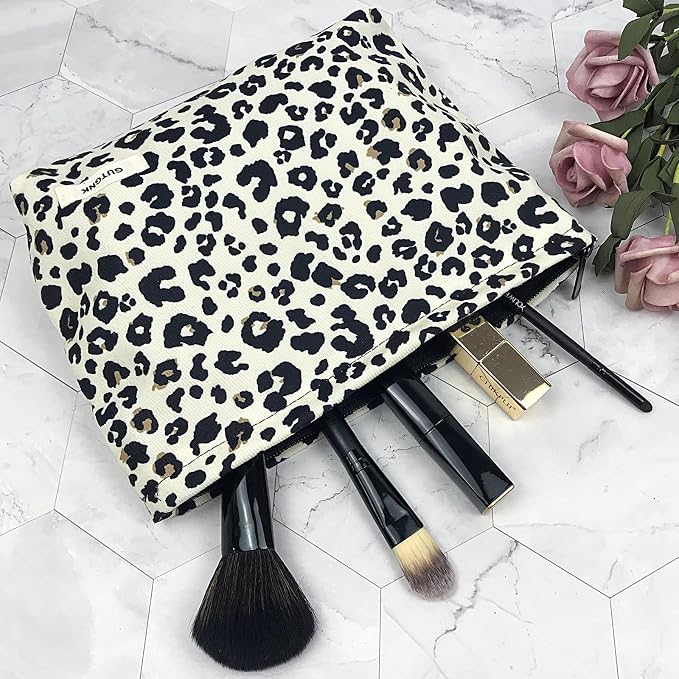 GUTGNK Corduroy Ladies Cosmetic Bag, Large Capacity Canvas Cosmetic Bag Travel Toiletry Bag Accessories Organizer, Black Spot Leopard Print