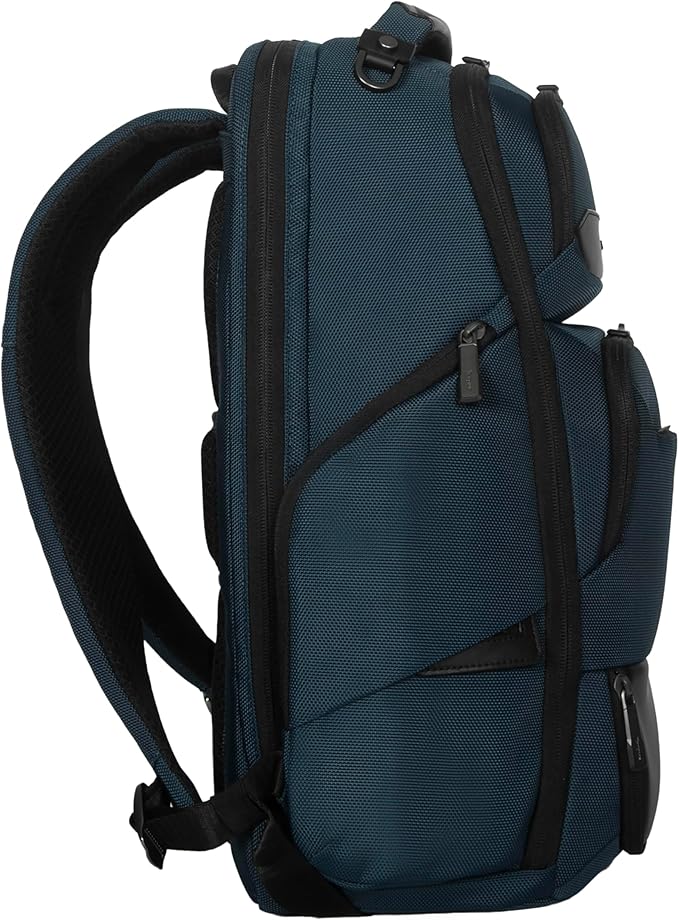 Targus HeritageLuxe Backpack 15-16” – Blue Laptop Bag with SafeSling Protection, RFID Pocket, USB-C Charging, Tracker Slot, Eco Fabric, Leather Accents - TBB65602GL