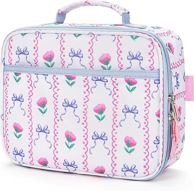 mibasies Kids Lunch Box for Girls Toddler, Insulated and Reusable Lunch Bag for School, Bowknot Rose Sky Blue