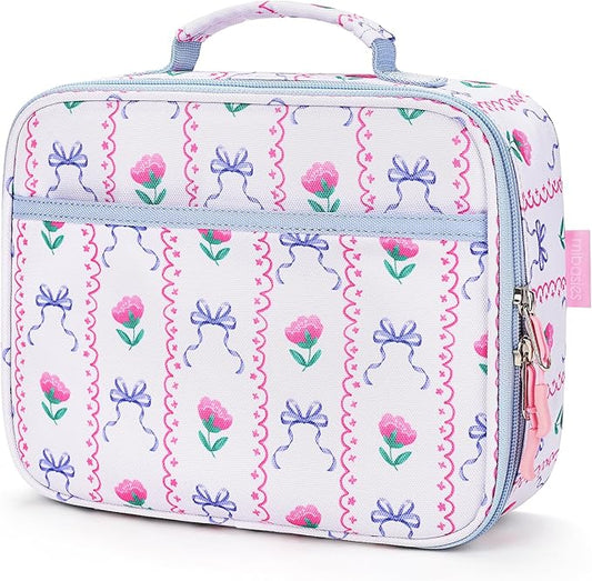 mibasies Kids Lunch Box for Girls Toddler, Insulated and Reusable Lunch Bag for School, Bowknot Rose Sky Blue