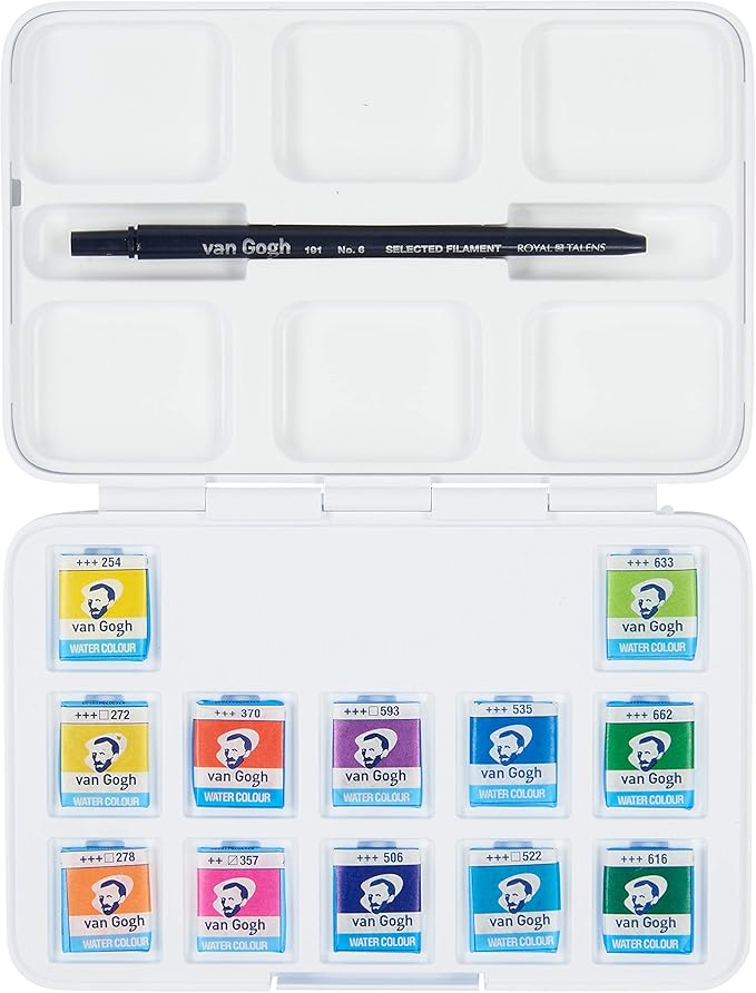 Van Gogh Watercolor Paint Set, Plastic Pocketbox, 12-Half Pan Vibrant Colors Selection