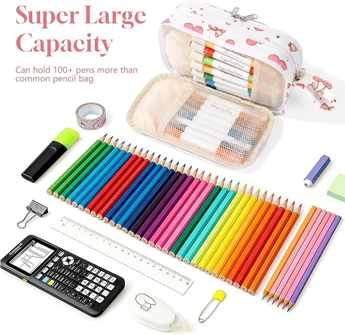 Corduroy Pencil Case, Large Capacity Pencil Pouch with 4 Compartments, Cute Soft Aesthetic Stationery Pen Bag Organizer with Zipper, Portable School Supplies for Teen and Adult Girls, Big Cherry