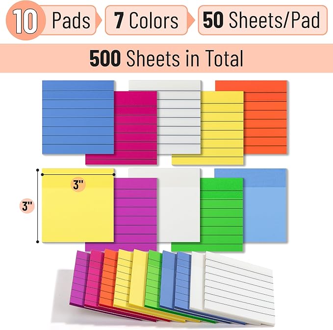 Mr. Pen- Transparent Sticky Notes, 3"x3", 10 Pads, 7X Lined, 3X Blank, 500 Sheets, Lined Transparent Sticky Notes, Water-Resistant See Through Self-Adhesive Note Pads for Bible Journaling, Studying