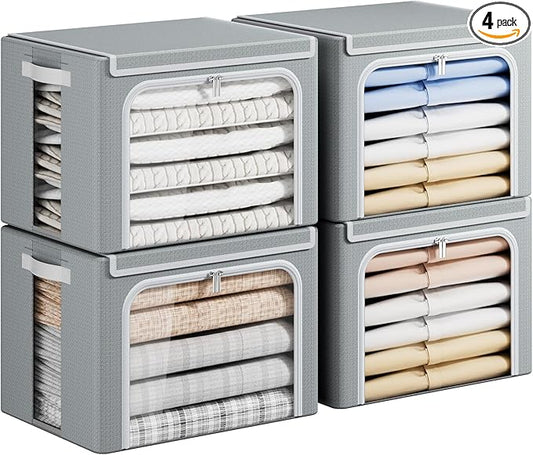 Yecaye Clothes Storage Bins with Metal Frame, Foldable Clothing Storage Bin with Lid, Stackable Oxford Fabric Organizer Box With Clear Window & Zippers & PU Leather Handles (4 Pack,Grey,40L)