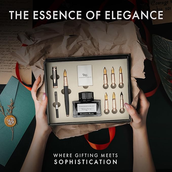 Wordsworth & Black Calligraphy Pen Gift Set, Includes Ink Bottle, 6 Ink Cartridges, A Refill Converter, 6 Replacement Nibs, Journaling, Smooth Writing Pens [Black Rose Gold]