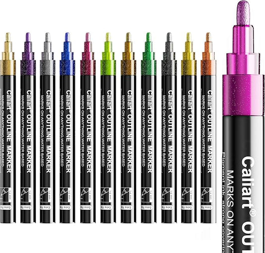 Caliart 12 Colors Outline Markers Shimmer Glitter Pens, Cool Fun Craft Metallic Drawing Marker Set, Trendy Stuff Art Supplies Gifts for Artists Teen Kids Girls Adults