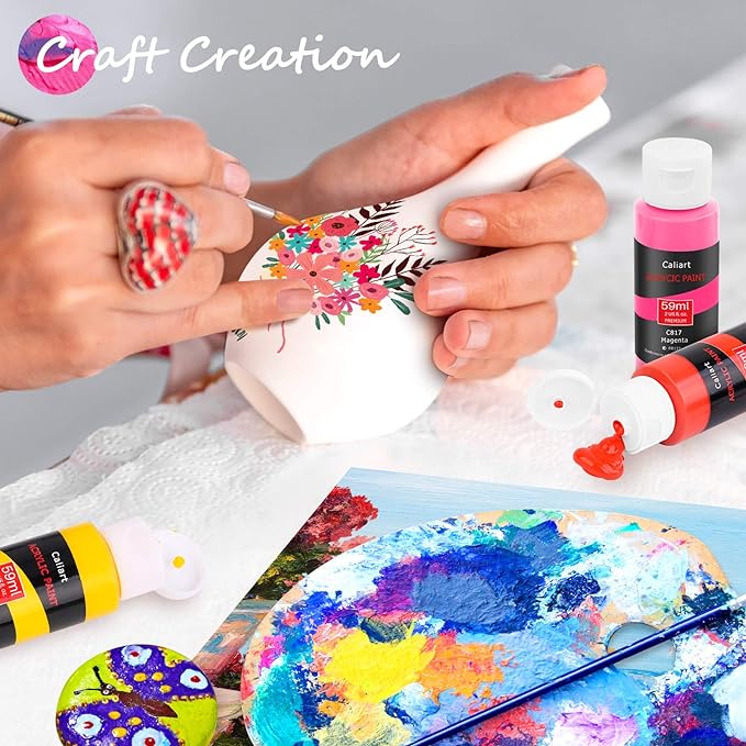 Caliart Acrylic Paint Set with 12 Brushes, 24 Colors Wood Craft Paints for Adults Kids Artists Beginners, Rich Pigments Non-toxic, Halloween Pumpkin Canvas Ceramic Rock Painting Kit Art Supplies