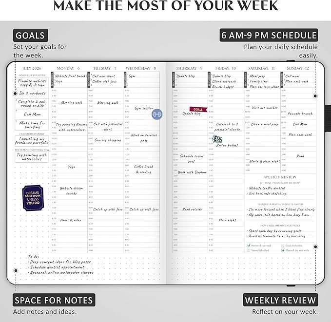 Legend Dated Hourly Weekly Planner 2026 – Daily, Monthly & Yearly Agenda with Time Slots – Hardcover Organizer Journal, 5.8x8.3” (Black)