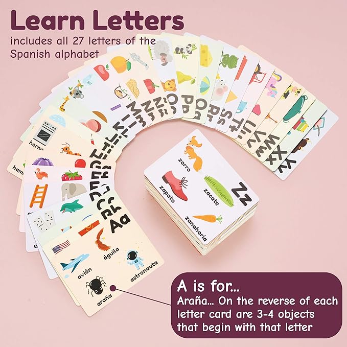 Spanish Flash Cards for Kids and Toddlers - 101 Cards - 202 Sides - Learn Shapes, Numbers, Colors, Body Parts, Counting, Letters & More - Great Value, Fun Learning and Educational Flashcards