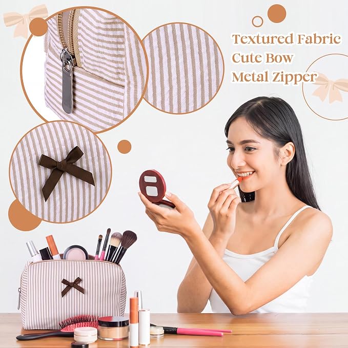 Huhumy 2 Pcs Bow Tie Makeup Bag Set, Stripe Cosmetic Pouch for Women, Seersucker Travel Toiletry Bag, Preppy Makeup Purse Pouch, Aesthetic Skincare Brushes Storage Organizer for Women Gifts (Khaki)