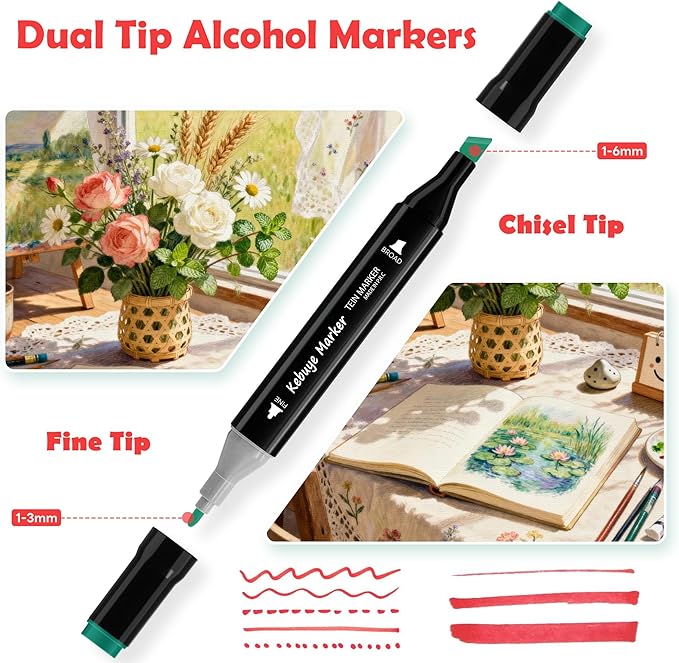 Kebuye Alcohol Markers 24 Colors - Drawing Marker for Adult Coloring Books No Bleeding Dual Tip Art Marker - Art Market Set for School Sketching Coloring Alcohol Based Markers with Base