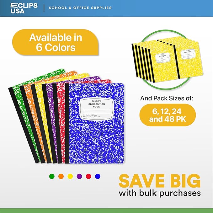 Composition Notebook Wide Ruled Composition Notebooks Bulk Yellow Marble Hard Cover Wide Ruled Notebook Paper Note Books For Schools Marble Composition Books 100 Sheets 200 Pages 9.75” x 7.25” (48 Pack, Yellow)