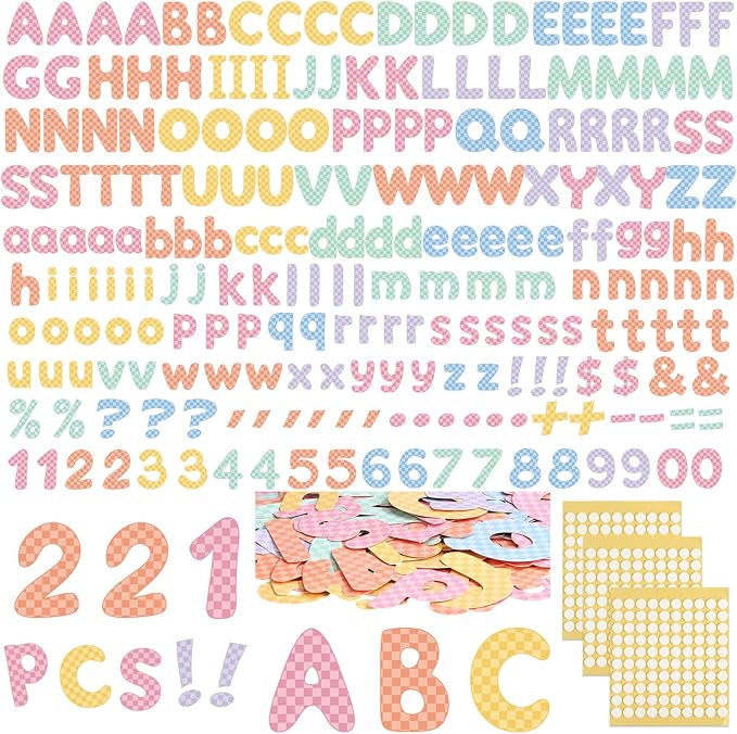 221 Pcs Checkered Bulletin Board Letters, Round Alphabet Number Punctuation Symbol Combo Letter Cutouts, Pastel Classroom Decor for Summer School Chalkboard Whiteboard Poster Wall