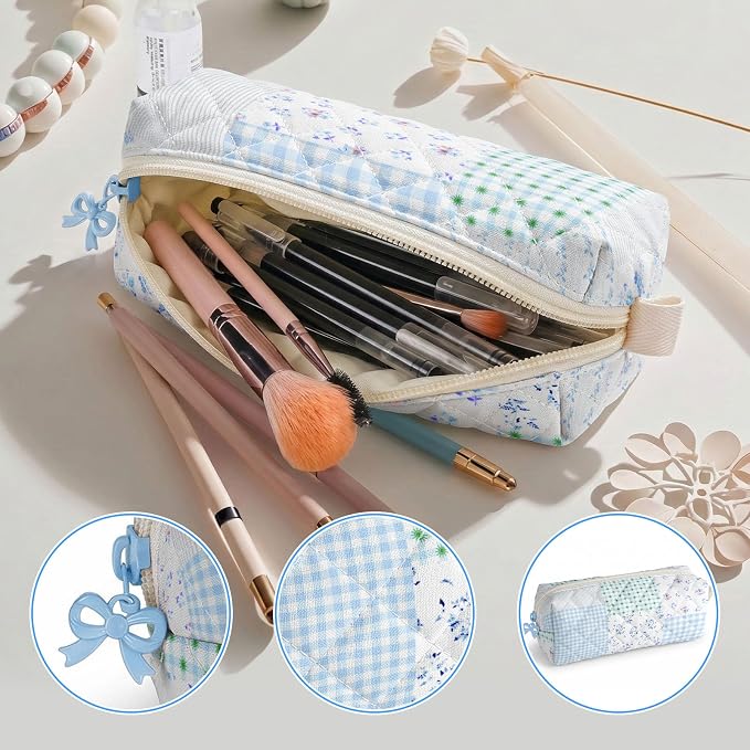 Cute Quilted Pencil Case for Women, Aesthetic Small Floral Pencil Pouch, Slim Soft Pencil Bag for Stationery Supplies & Daily Use（Green Blue Patchwork）