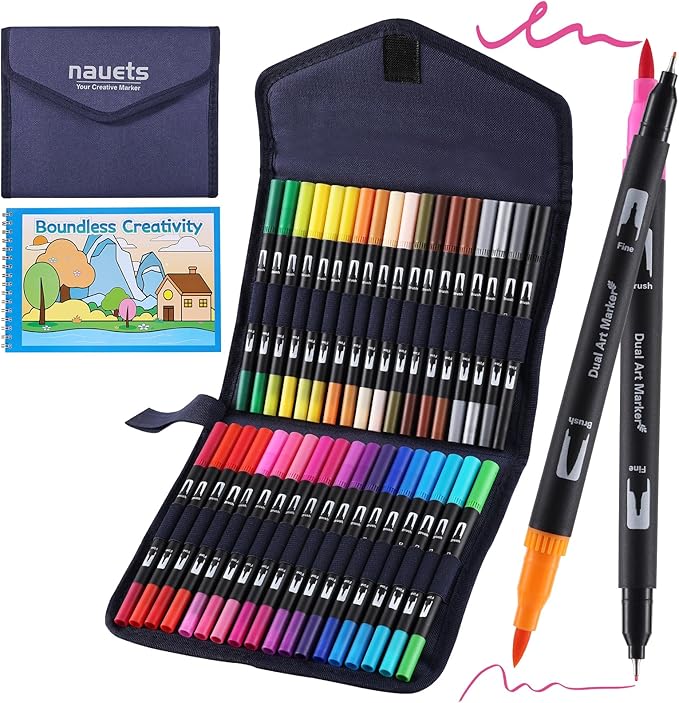 nauets 36 Colors Watercolor Markers with Coloring Book Set Brush & Fine Dual Tip No Bleeding Professional Paint Pens For Drawing Note taking Planner Calligraphy Journaling Card Making Art Supplies