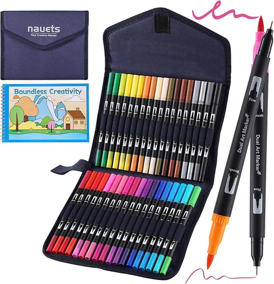 nauets 36 Colors Watercolor Markers with Coloring Book Set Brush & Fine Dual Tip No Bleeding Professional Paint Pens For Drawing Note taking Planner Calligraphy Journaling Card Making Art Supplies