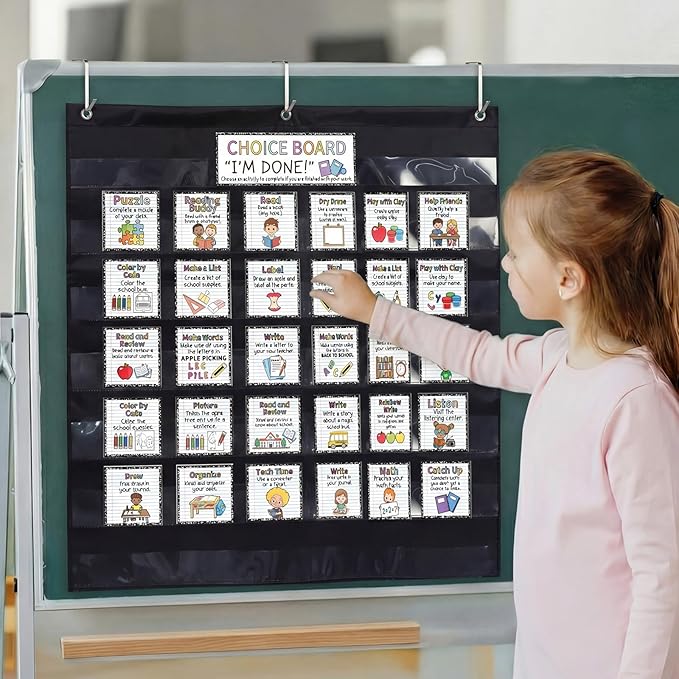 SATINIOR 32 Pcs Pocket Chart for Classroom Jobs Daily Schedule Pocket Chart 28 × 28 Inch When I'm Done Charts with Cards for Fast Finisher Activities K 2 School Teacher Back to School Must Haves