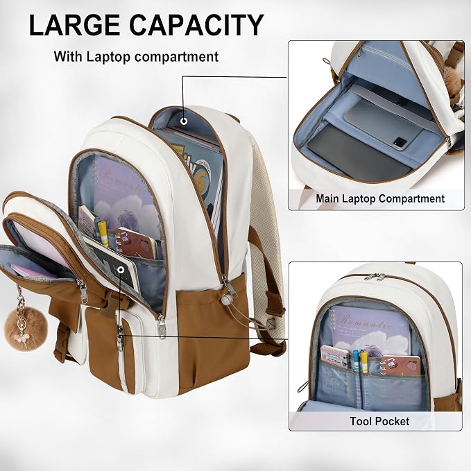LXYGD Laptop Backpack 15.6 Inch Kids Elementary Middle High School Bag College Backpacks Anti Theft Travel Back Pack Large Bookbags for Teens Girls Women Students (Beige Khaki)
