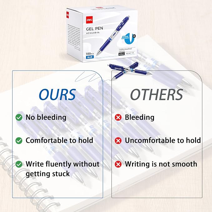 deli Gel Pens, 100 Pcs 0.7mm Retractable Pens Blue Ink | Medium Point Pen, Smooth Writing, Fast Dry, No Bleed for Journaling Note Taking, Home School Office Supplies